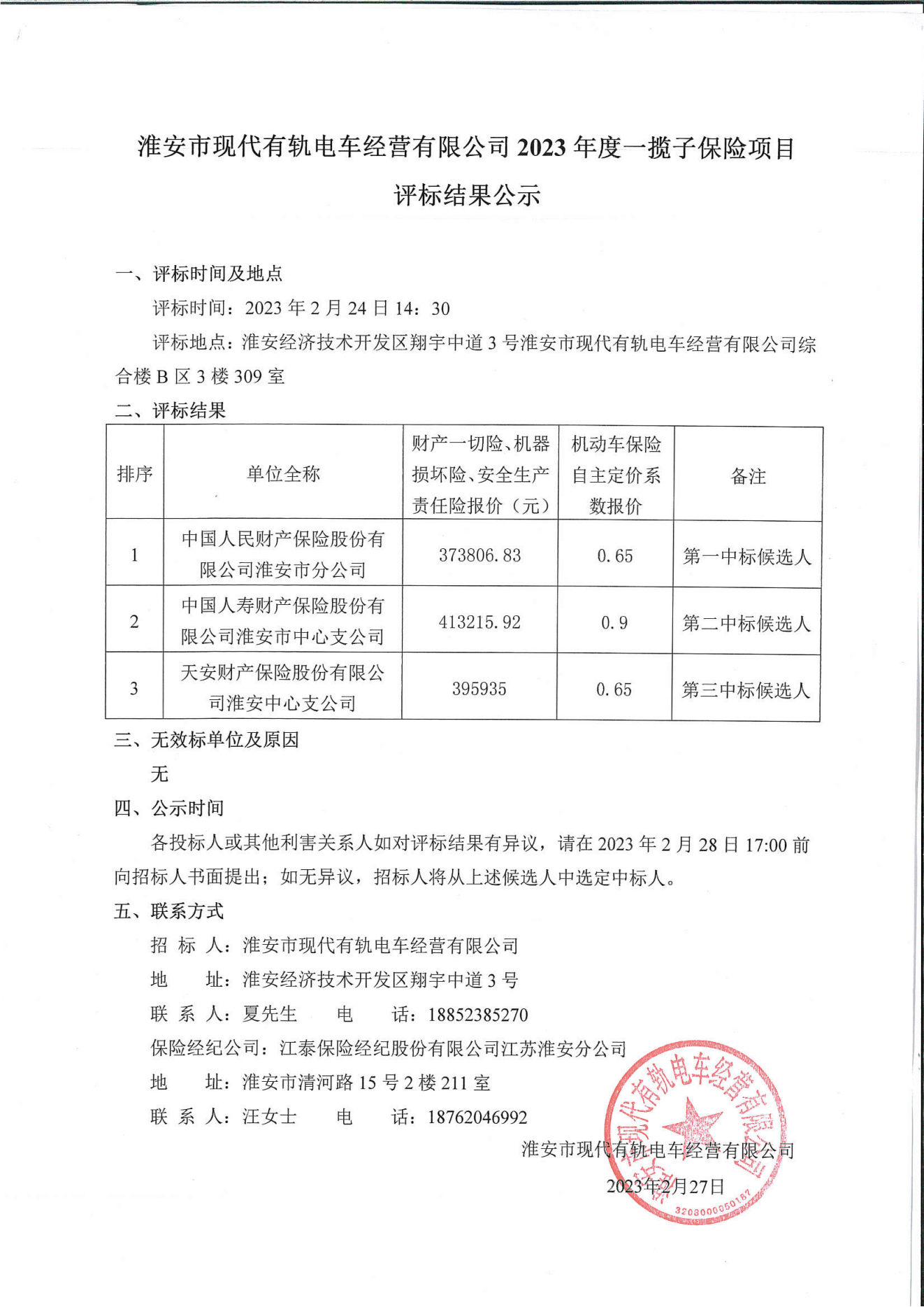 淮安市現(xiàn)代有軌電車經(jīng)營有限公司2023年度一攬子保險項目評標結果公示_00